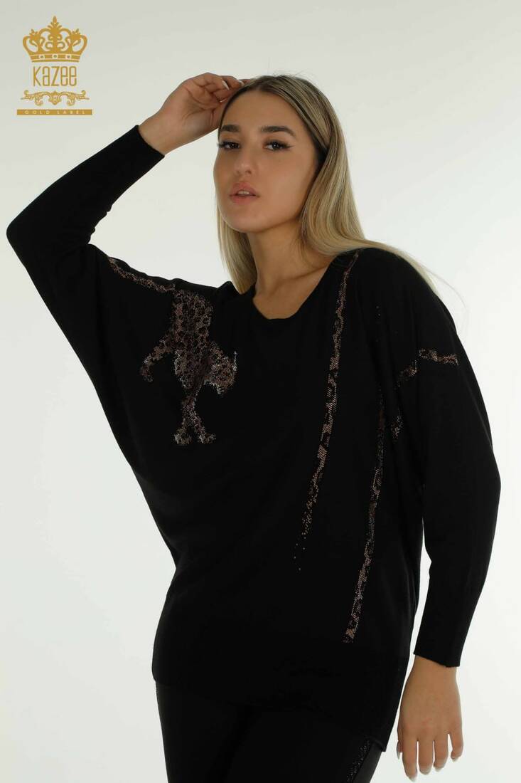 Women's Knitwear Stone Detailed Bat Sleeve Black - 30633 | KAZEE