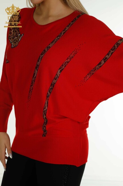 Women's Knitwear Stone Detailed Bat Sleeve Red - 30633 | KAZEE - Thumbnail