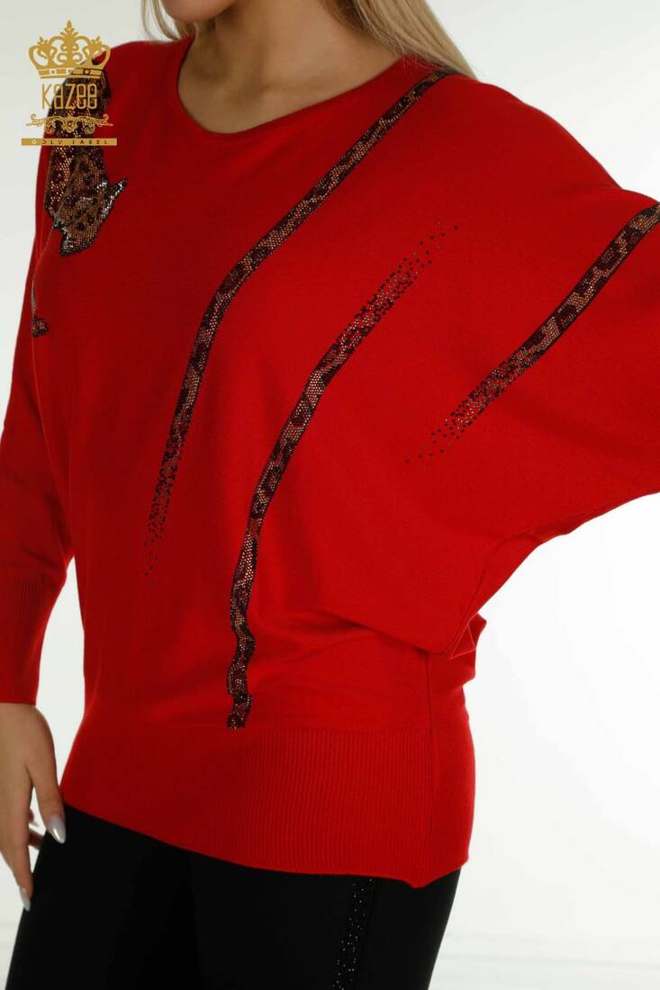 Women's Knitwear Stone Detailed Bat Sleeve Red - 30633 | KAZEE