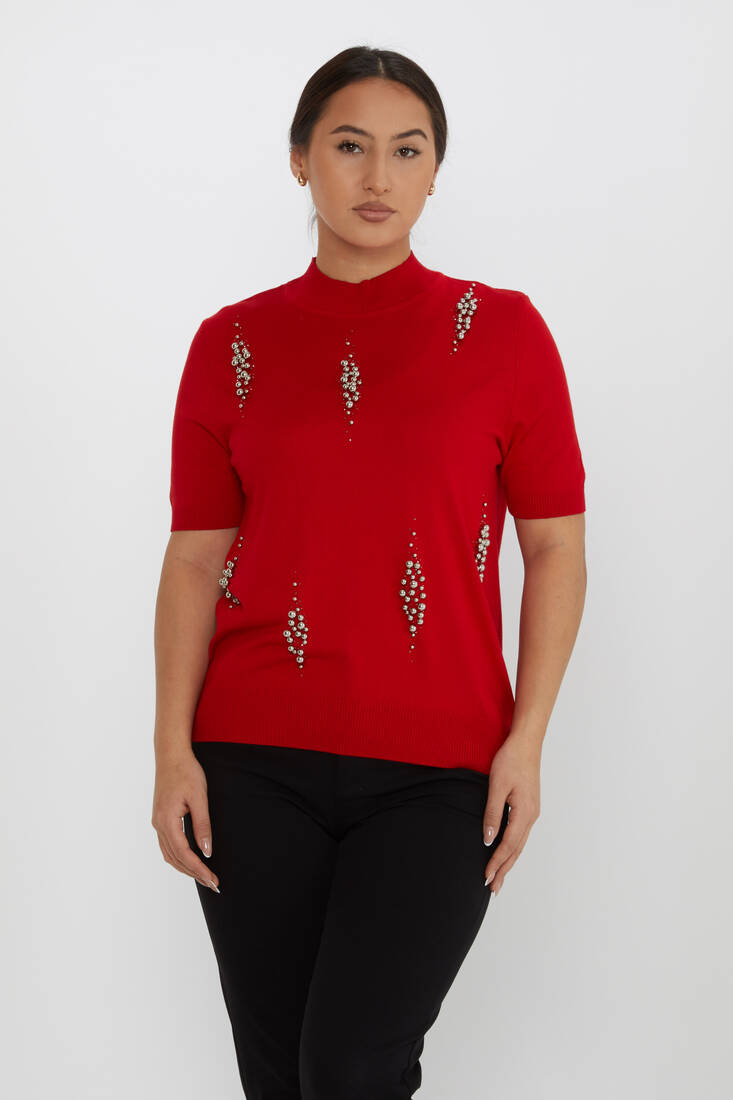 Women's Knitwear Beaded Detail Stand Collar Red - 16929 | KAZEE