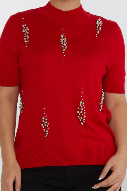 Women's Knitwear Beaded Detail Stand Collar Red - 16929 | KAZEE - Thumbnail