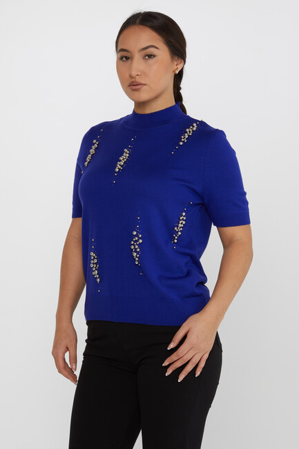 Women's Knitwear Beaded Detail Stand Collar Saxe - 16929 | KAZEE - Thumbnail