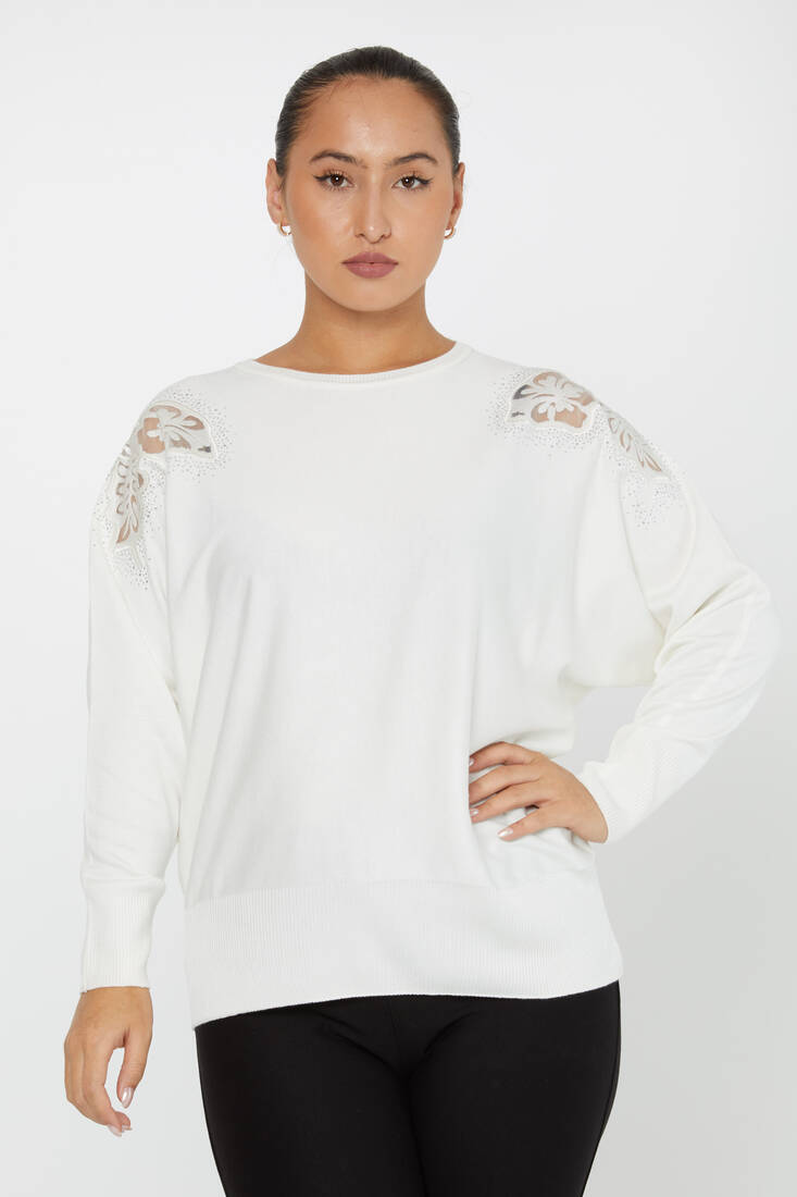 Women's Knitwear Stone Embroidered Bat Sleeve Ecru - 30903 | KAZEE