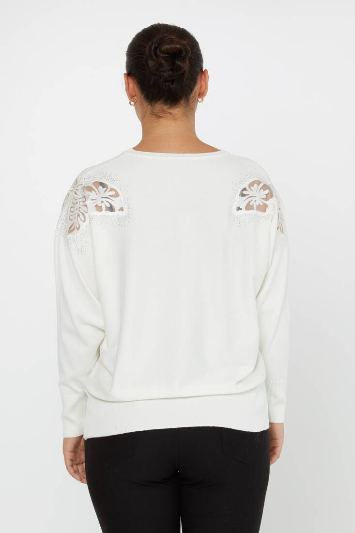 Women's Knitwear Stone Embroidered Bat Sleeve Ecru - 30903 | KAZEE