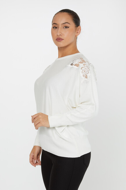 Women's Knitwear Stone Embroidered Bat Sleeve Ecru - 30903 | KAZEE - Thumbnail