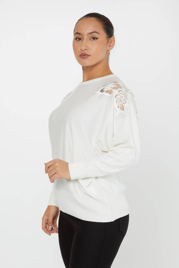 Women's Knitwear Stone Embroidered Bat Sleeve Ecru - 30903 | KAZEE