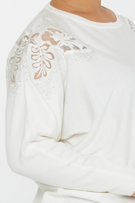 Women's Knitwear Stone Embroidered Bat Sleeve Ecru - 30903 | KAZEE - Thumbnail