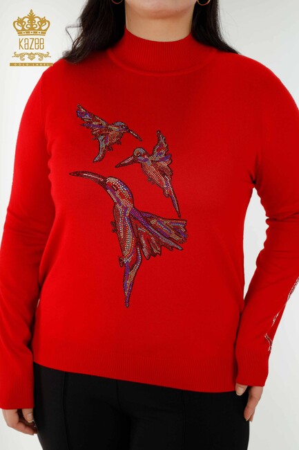 Women's Knitwear Bird Pattern Red - 16459 | KAZEE - Thumbnail