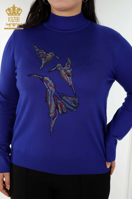 Women's Knitwear Bird Patterned Sax - 16459 | KAZEE - Thumbnail