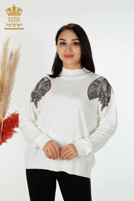 Women's Knitwear Butterfly Patterned Ecru - 30004 | KAZEE - Thumbnail