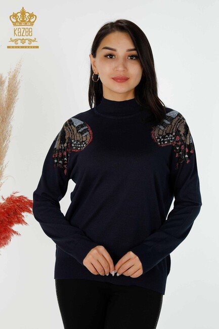 Women's Knitwear Butterfly Patterned Navy - 30004 | KAZEE - Thumbnail