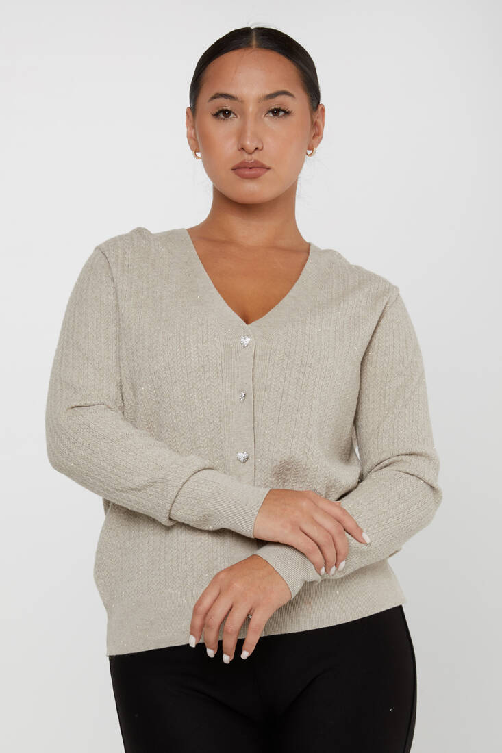 Women's Knitted Cardigan Button Detail Beige - 31052 | KAZEE