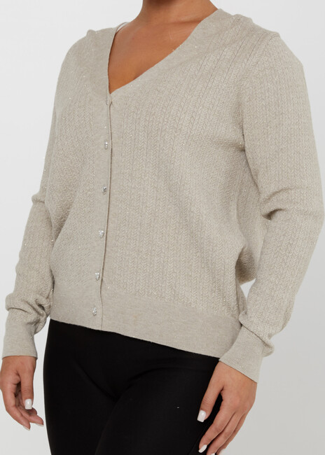 Women's Knitted Cardigan Button Detail Beige - 31052 | KAZEE - Thumbnail