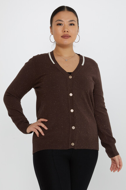 Women's Knitted Cardigan Button Detailed Glittery Brown - 31722 | KAZEE - Thumbnail