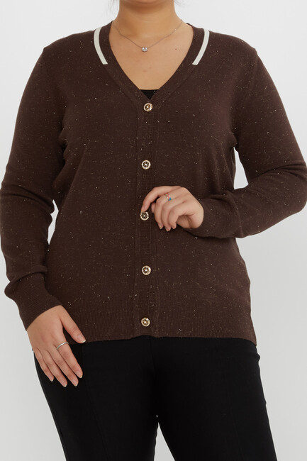 Women's Knitted Cardigan Button Detailed Glittery Brown - 31722 | KAZEE - Thumbnail