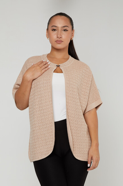 Women's Knitted Cardigan Buckle Detail Beige - 30708 | KAZEE - Thumbnail