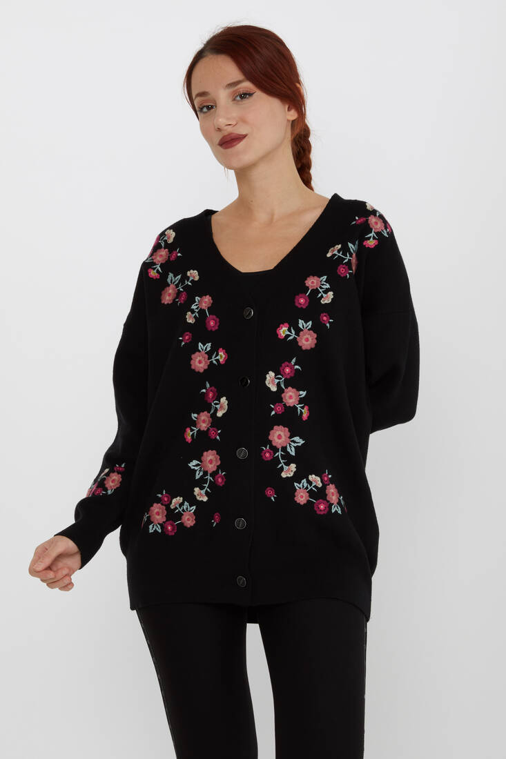 ﻿Women's Knitted Cardigan Floral Embroidery Detail Buttoned Black - 31197 | KAZEE