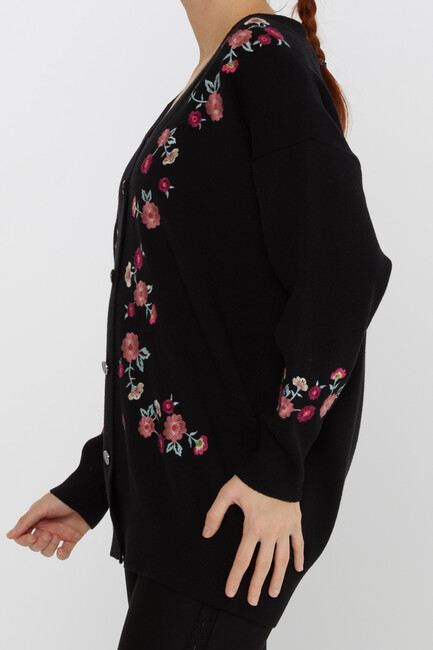 ﻿Women's Knitted Cardigan Floral Embroidery Detail Buttoned Black - 31197 | KAZEE - Thumbnail