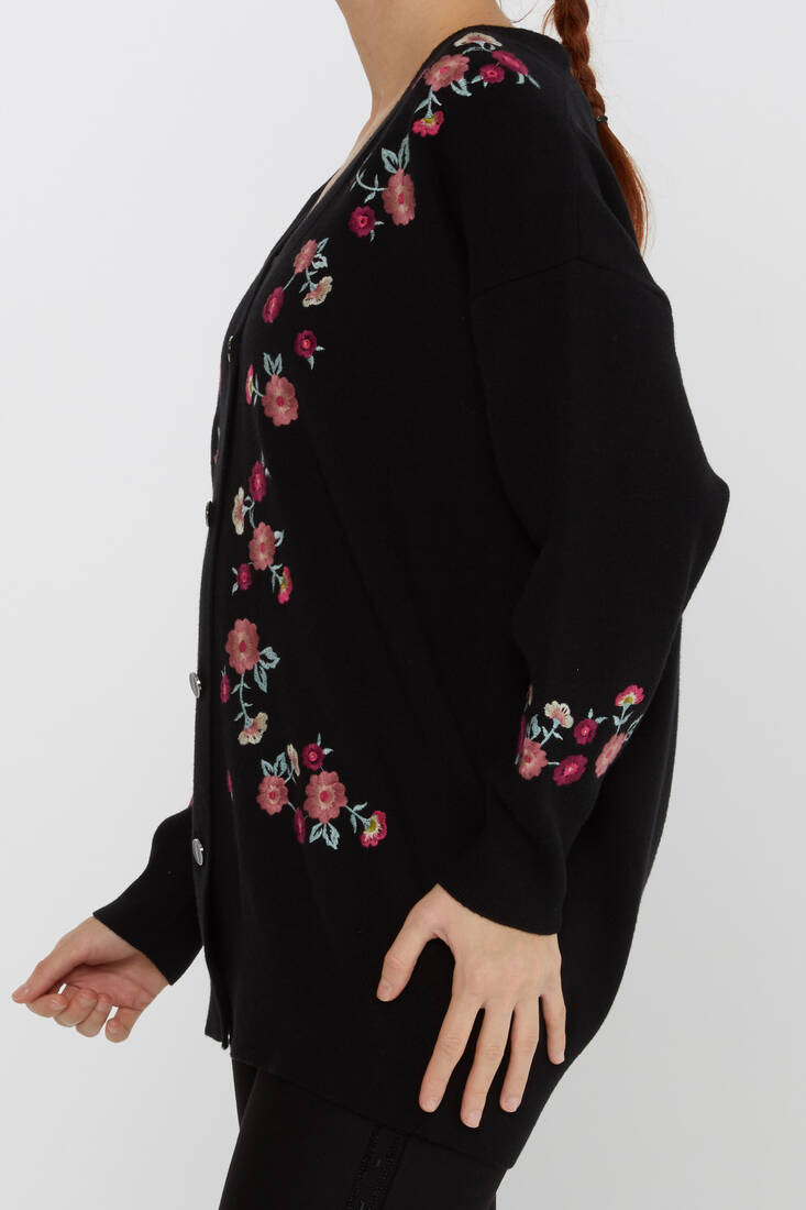 ﻿Women's Knitted Cardigan Floral Embroidery Detail Buttoned Black - 31197 | KAZEE