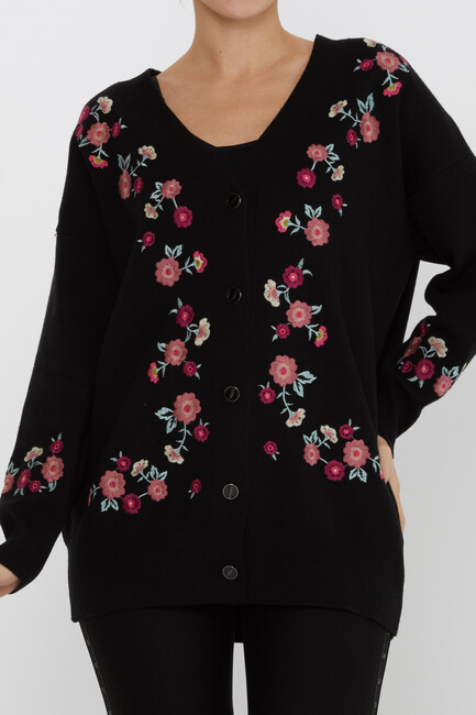 ﻿Women's Knitted Cardigan Floral Embroidery Detail Buttoned Black - 31197 | KAZEE - Thumbnail