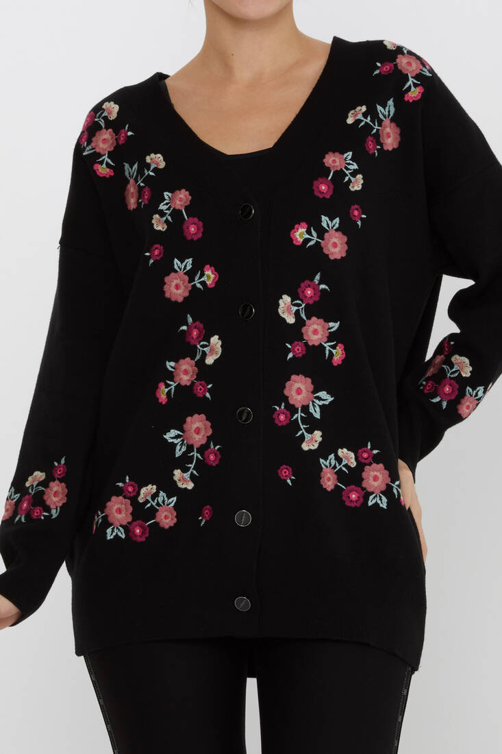 ﻿Women's Knitted Cardigan Floral Embroidery Detail Buttoned Black - 31197 | KAZEE