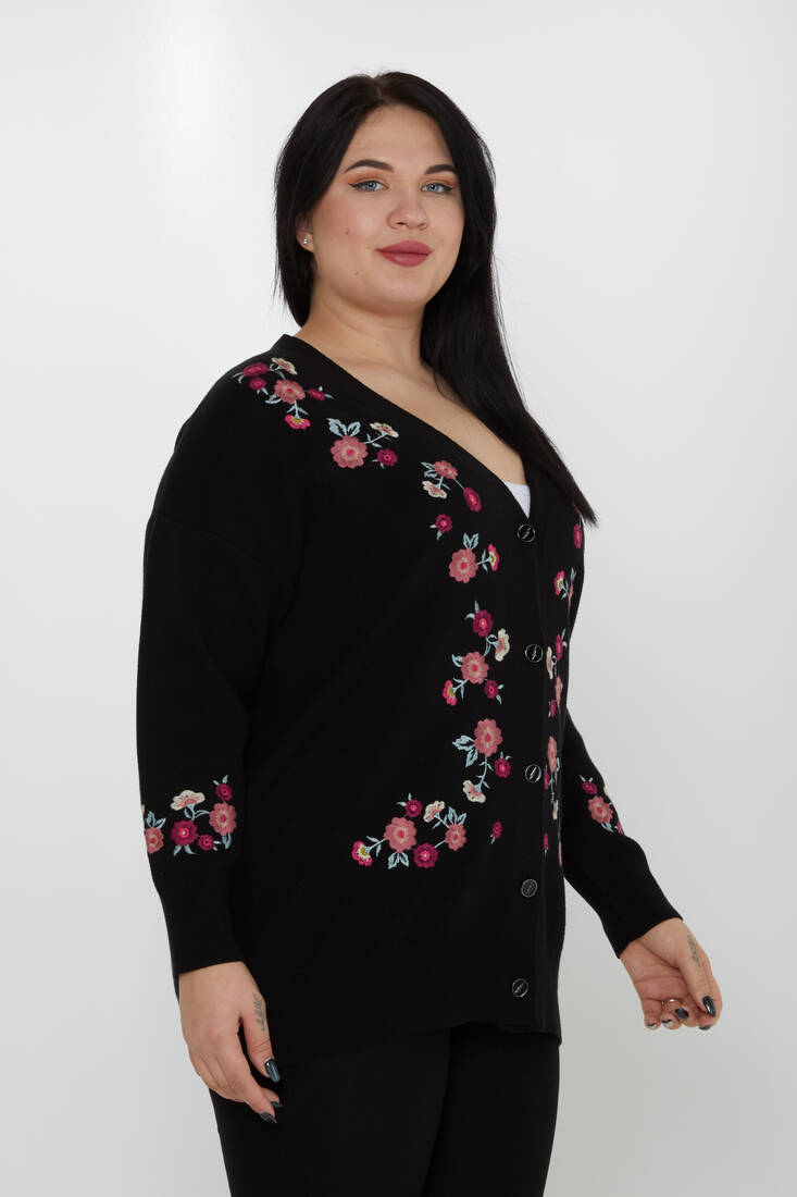 ﻿Women's Knitted Cardigan Floral Embroidery Detail Buttoned Black - 31197 | KAZEE