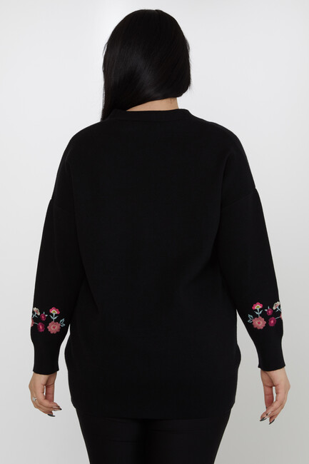 ﻿Women's Knitted Cardigan Floral Embroidery Detail Buttoned Black - 31197 | KAZEE - Thumbnail