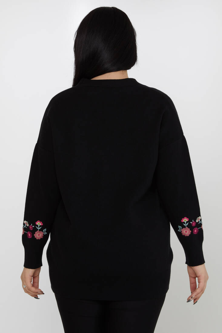 ﻿Women's Knitted Cardigan Floral Embroidery Detail Buttoned Black - 31197 | KAZEE