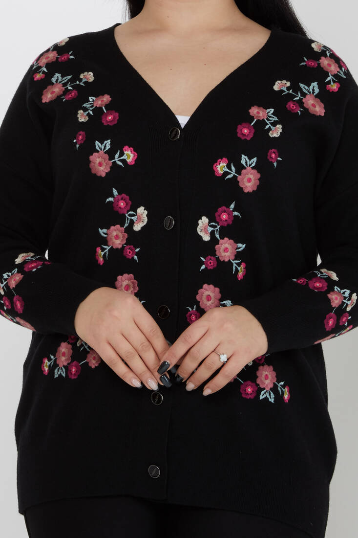 ﻿Women's Knitted Cardigan Floral Embroidery Detail Buttoned Black - 31197 | KAZEE