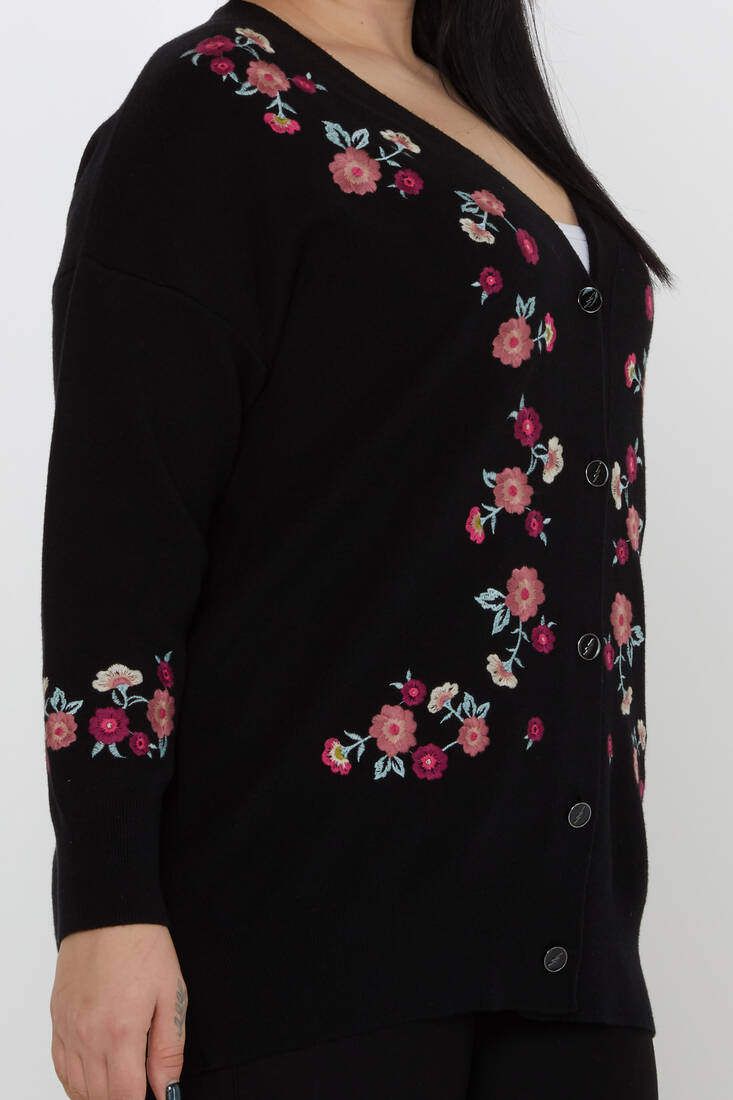 ﻿Women's Knitted Cardigan Floral Embroidery Detail Buttoned Black - 31197 | KAZEE