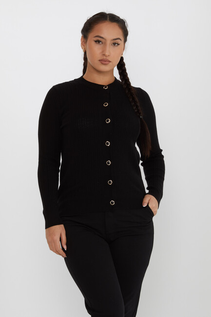 Women's Knitted Cardigan Glitter Detail Crew Neck Black - 31070 | KAZEE - Thumbnail