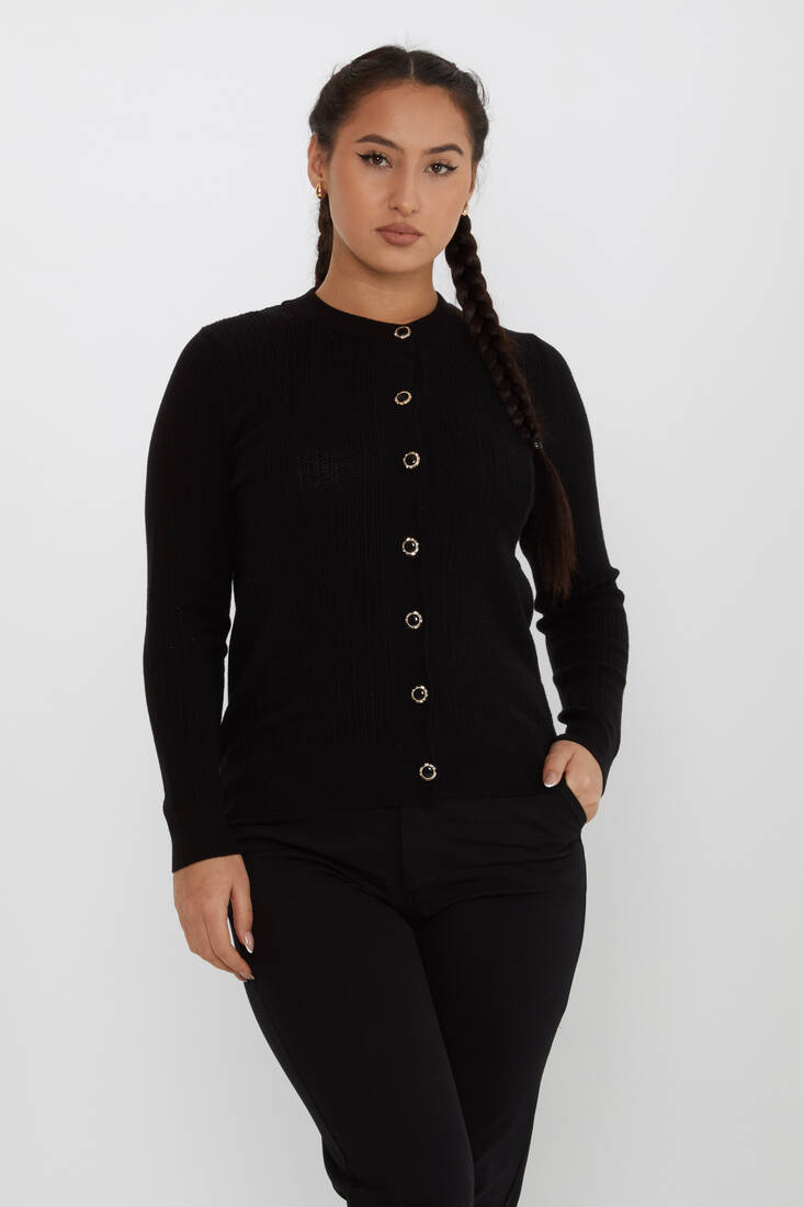 Women's Knitted Cardigan Glitter Detail Crew Neck Black - 31070 | KAZEE