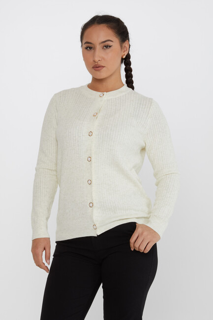 Women's Knitted Cardigan Glitter Detail Crew Neck Ecru - 31070 | KAZEE - Thumbnail