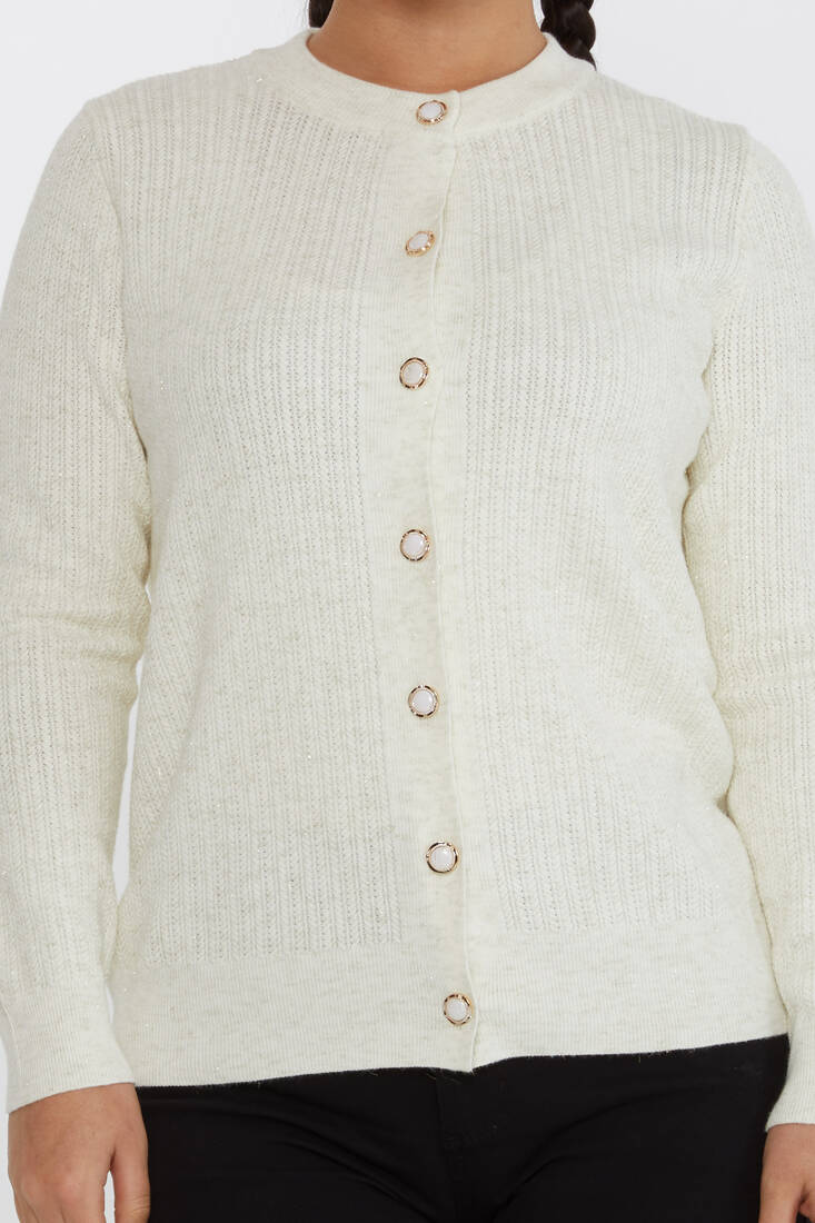 Women's Knitted Cardigan Glitter Detail Crew Neck Ecru - 31070 | KAZEE