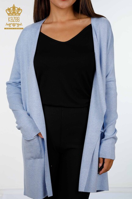 Women's Knitwear Cardigan Long Two Pocket Detailed Viscose Blue - 16871 | KAZEE - Thumbnail