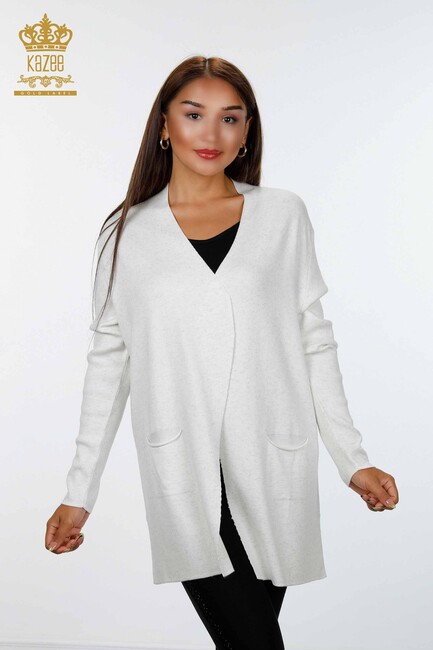 Women's Knitwear Cardigan Long Two Pocket Detailed Viscose Ecru - 16871 | KAZEE - Thumbnail