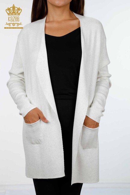 Women's Knitwear Cardigan Long Two Pocket Detailed Viscose Ecru - 16871 | KAZEE - Thumbnail