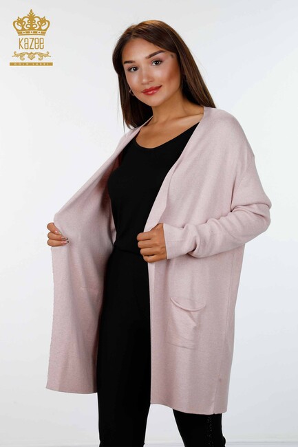 Women's Knitwear Cardigan Long Two Pocket Detailed Viscose Powder - 16871 | KAZEE - Thumbnail