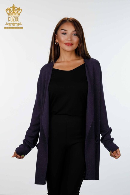 Women's Knitwear Cardigan Long Two Pocket Detailed Viscose Purple - 16871 | KAZEE - Thumbnail