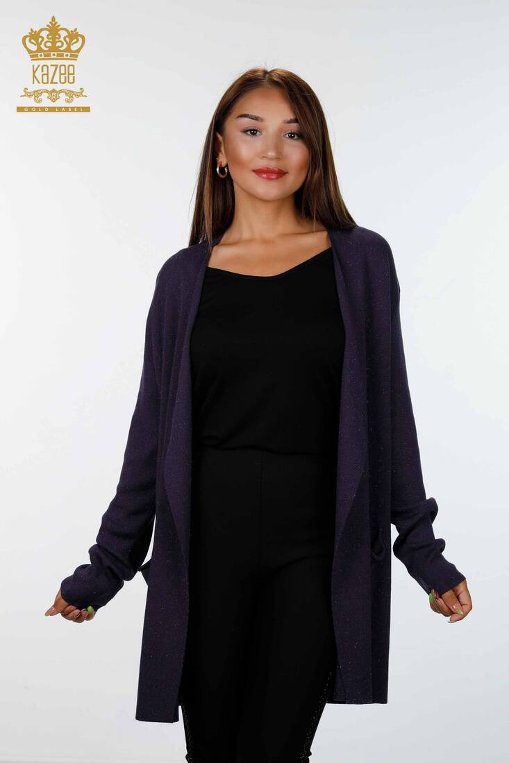 Women's Knitwear Cardigan Long Two Pocket Detailed Viscose Purple - 16871 | KAZEE