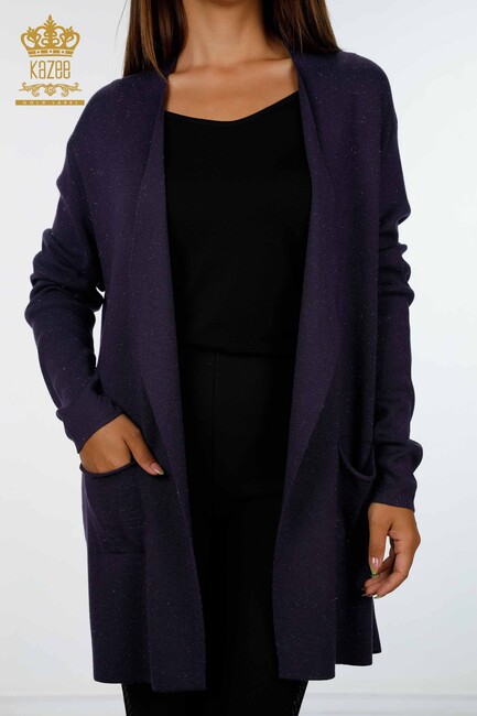 Women's Knitwear Cardigan Long Two Pocket Detailed Viscose Purple - 16871 | KAZEE - Thumbnail