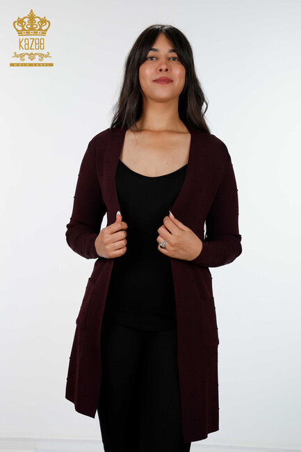 Women's Knitwear Cardigan Pocket Detailed Plum - 15698 | KAZEE - Thumbnail