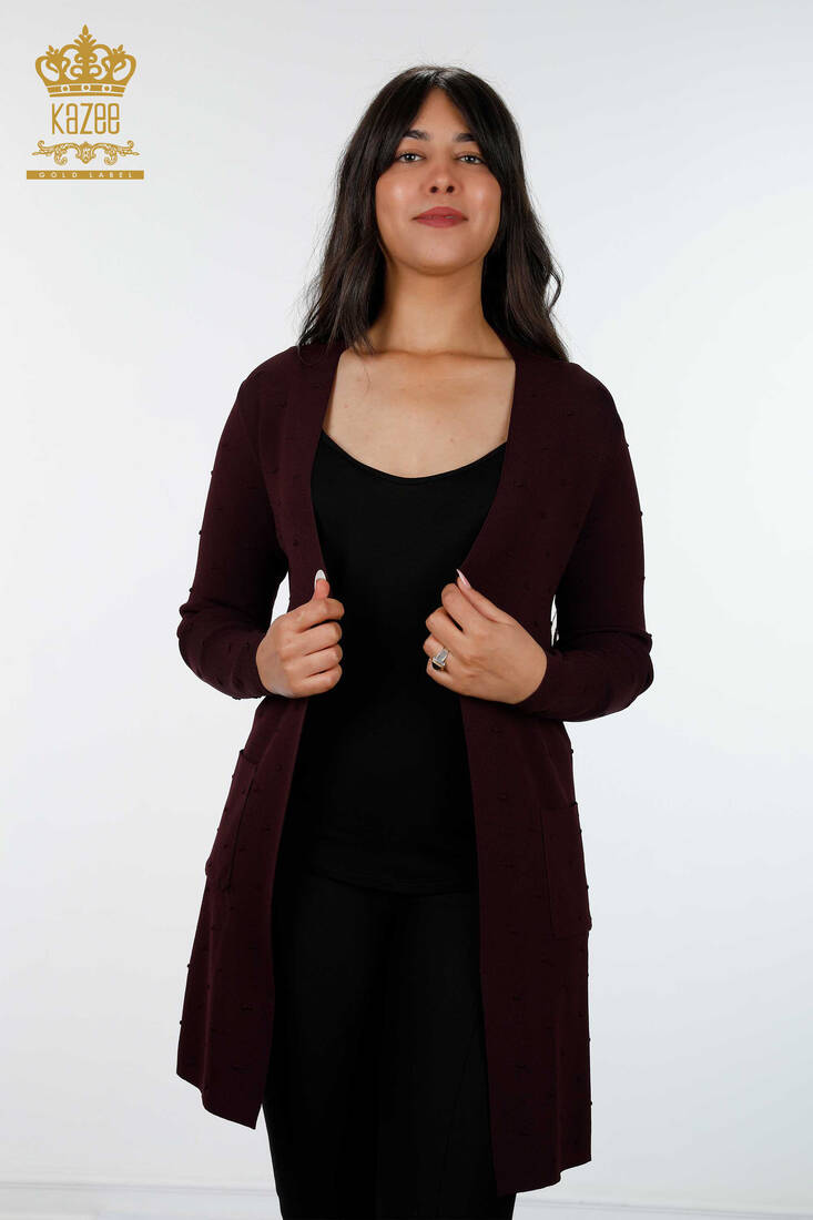 Women's Knitwear Cardigan Pocket Detailed Plum - 15698 | KAZEE