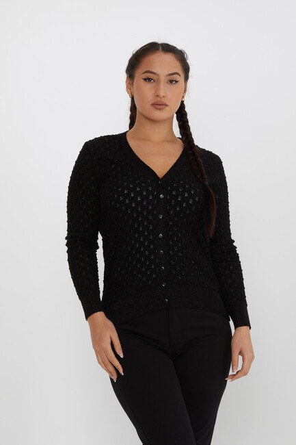 Women's Knitted Cardigan Self-Patterned Glittery Black - 30036 | KAZEE - Thumbnail