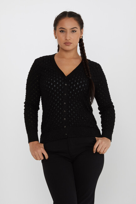 Women's Knitted Cardigan Self-Patterned Glittery Black - 30036 | KAZEE - Thumbnail