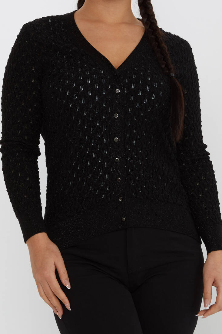 Women's Knitted Cardigan Self-Patterned Glittery Black - 30036 | KAZEE