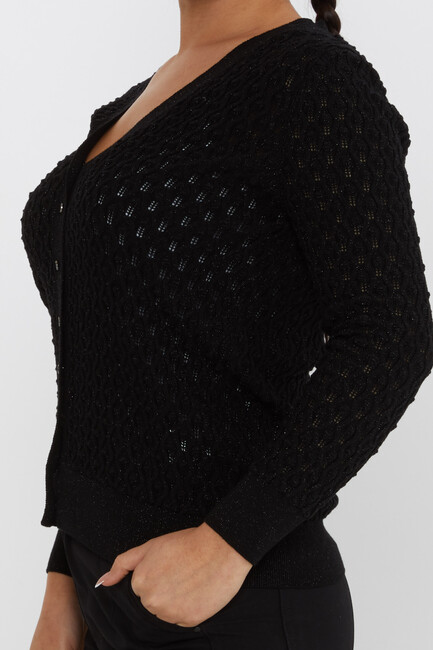 Women's Knitted Cardigan Self-Patterned Glittery Black - 30036 | KAZEE - Thumbnail