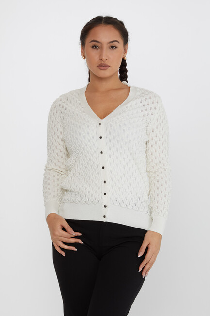 Women's Knitted Cardigan Self-Patterned Glittery Ecru - 30036 | KAZEE - Thumbnail