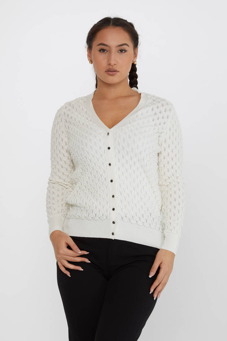 Women's Knitted Cardigan Self-Patterned Glittery Ecru - 30036 | KAZEE