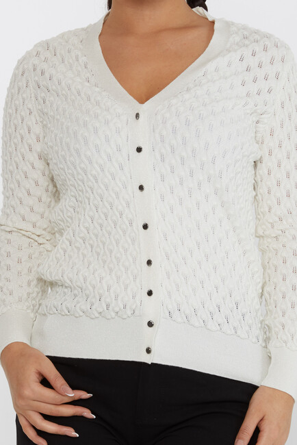 Women's Knitted Cardigan Self-Patterned Glittery Ecru - 30036 | KAZEE - Thumbnail